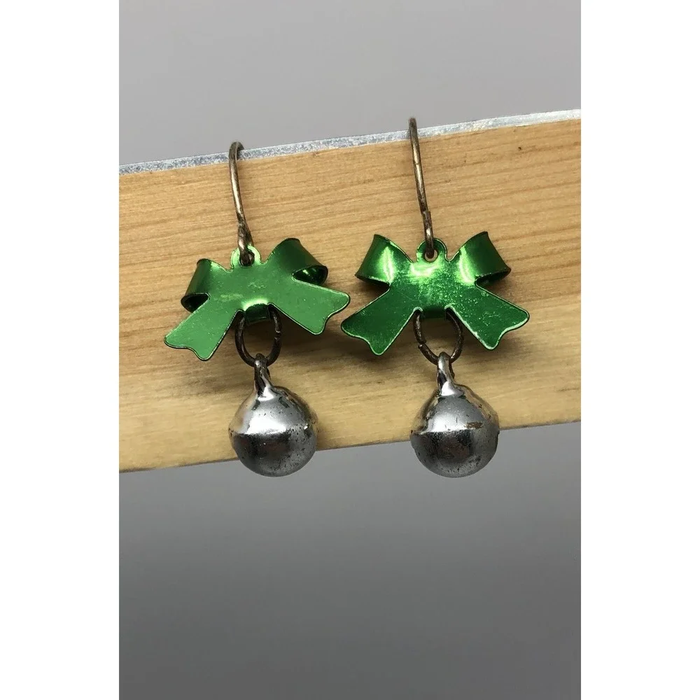 CHRISTMAS SILVER JINGLE BELLS, GREEN BOW FISH‎ HOOK BACK EARRINGS-SIZE SMALL